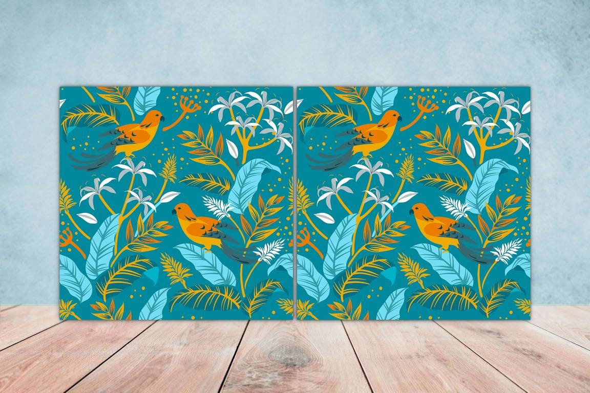 Bird Ceramic Tiles- Set of 2 Bird Flower Wall Art Print Decor Tiles - Kitchen Backsplash Tiles,Table Decorative Tiles,Bathroom Tiles,Coaster