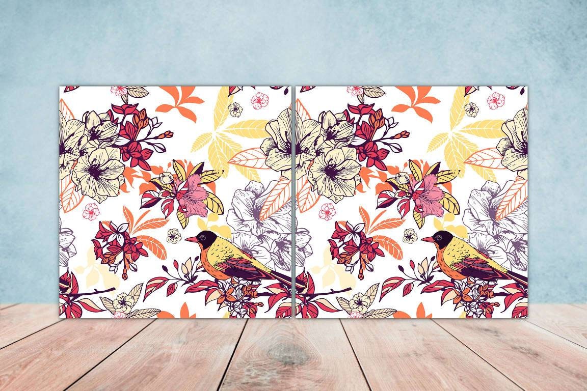 Birds and Flowers Ceramic tiles - Set of 2 Birds and Flowers Wall Decor Tiles - Kitchen Backsplash Tiles, Decorative Tiles, Bathroom Tiles