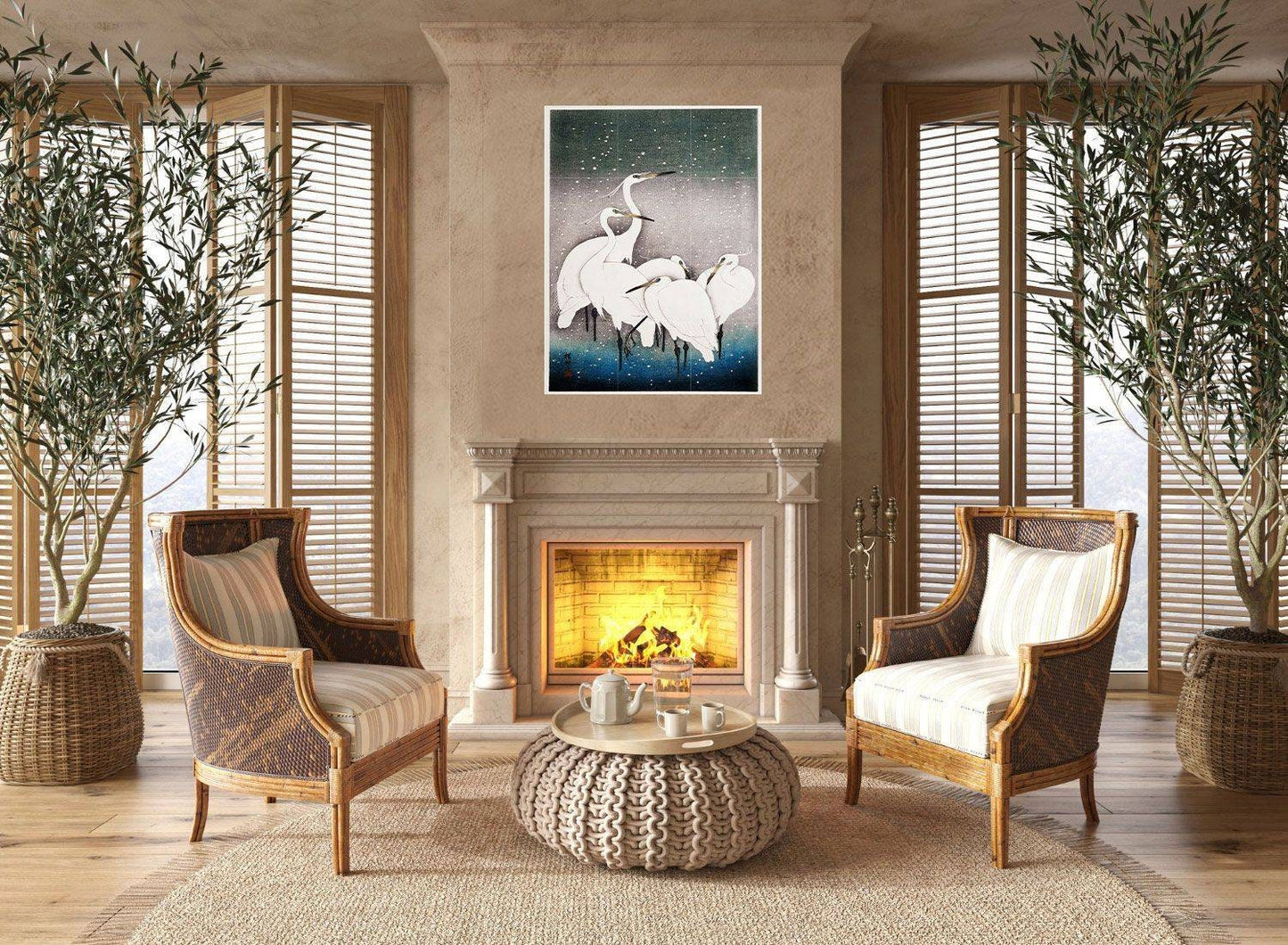 Tile Mural/Mosaic Ceramic Panel of Group of Egrets - Ohara Koson - Japanese print - Birds Mosaic - Egrets print - Birds Mural - Tile Mosaic