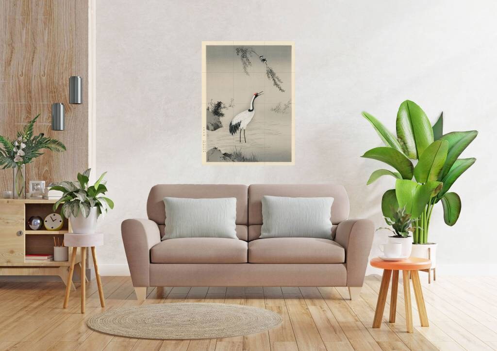 Tile Mural/Mosaic Ceramic Panel of Japanese Crane - Kano Motonobu - Japanese Mural - Birds Mosaic - Gloss Tiles - Crane Mural -Tile Mosaic