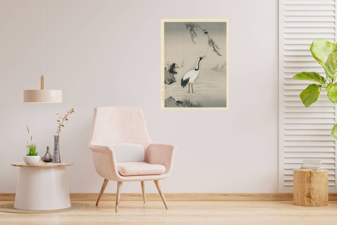 Tile Mural/Mosaic Ceramic Panel of Japanese Crane - Kano Motonobu - Japanese Mural - Birds Mosaic - Gloss Tiles - Crane Mural -Tile Mosaic