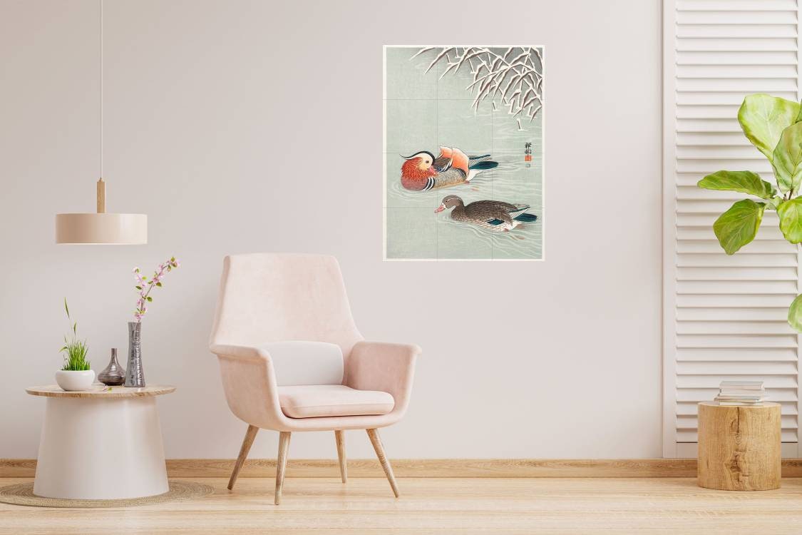 Tile Mural/Mosaic Ceramic Panel of Mandarin Ducks - Ohara Koson Art- Japanese Mural - Birds Mosaic - Gloss Tiles - Birds Mural - Tile Mosaic