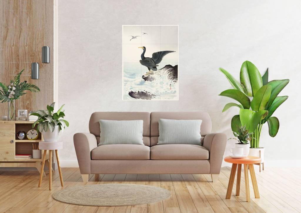 Tile Mural/Mosaic Ceramic Panel of Ohara Koson Red Mask Cormorant on Rock -Japanese Print - Birds Mosaic-Gloss Tiles-Birds Mural-Tile Mosaic