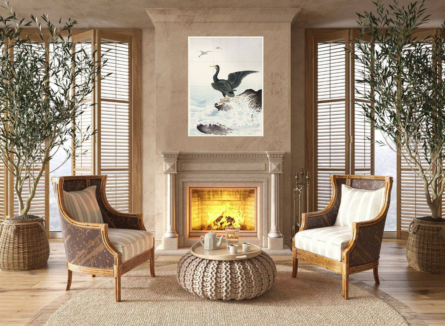 Tile Mural/Mosaic Ceramic Panel of Ohara Koson Red Mask Cormorant on Rock -Japanese Print - Birds Mosaic-Gloss Tiles-Birds Mural-Tile Mosaic