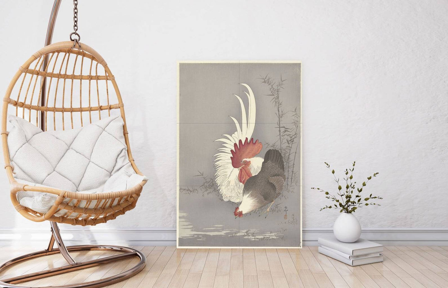 Tile Mural/Mosaic Ceramic Panel of Rooster and Chicken -Ohara Koson -Japanese Mural-Bird Mosaic -Gloss Tiles -Countryside Mural -Tile Mosaic