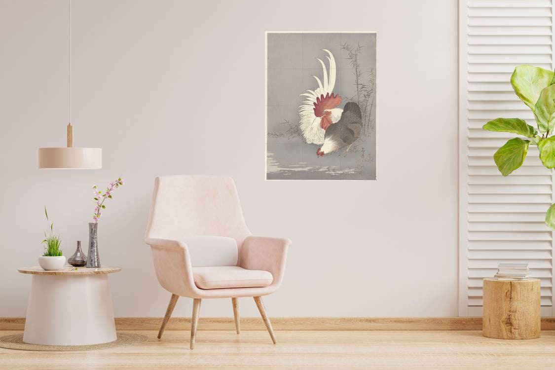 Tile Mural/Mosaic Ceramic Panel of Rooster and Chicken -Ohara Koson -Japanese Mural-Bird Mosaic -Gloss Tiles -Countryside Mural -Tile Mosaic