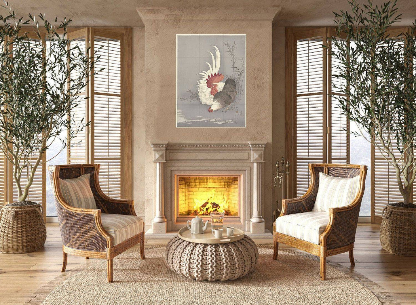 Tile Mural/Mosaic Ceramic Panel of Rooster and Chicken -Ohara Koson -Japanese Mural-Bird Mosaic -Gloss Tiles -Countryside Mural -Tile Mosaic