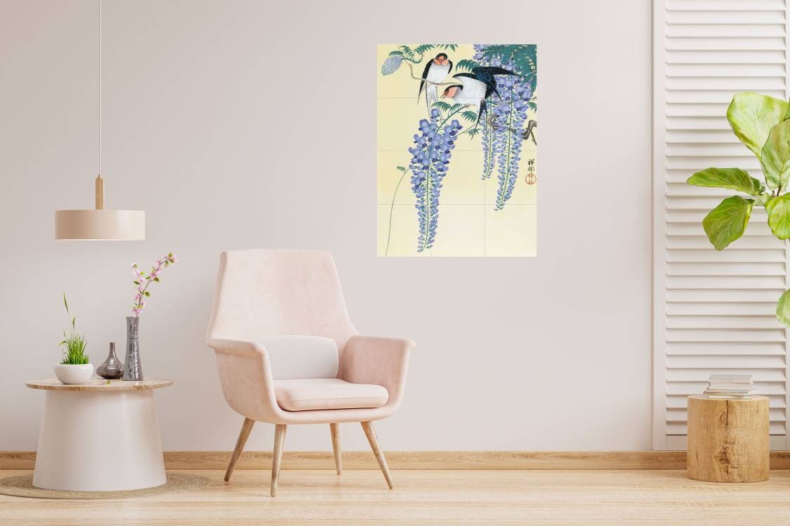 Tile Mural/Mosaic Ceramic Panel of Swallows and Wisteria - Ohara Koson Art-Japanese Mural -Birds Mosaic -Gloss Tiles-Birds Mural-Tile Mosaic