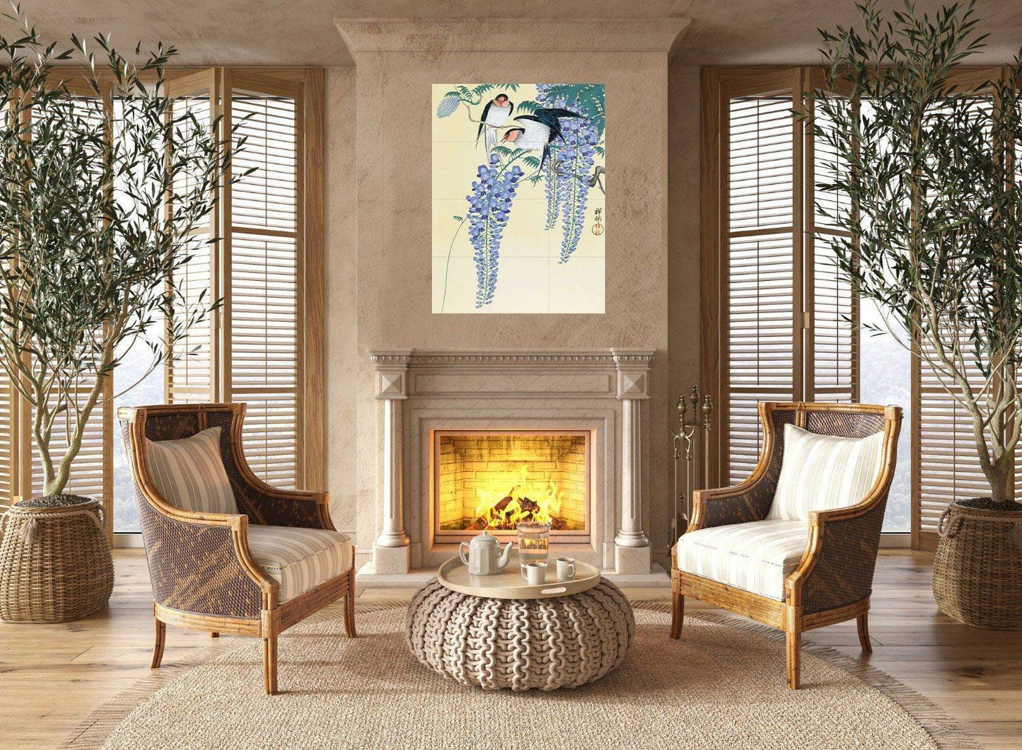 Tile Mural/Mosaic Ceramic Panel of Swallows and Wisteria - Ohara Koson Art-Japanese Mural -Birds Mosaic -Gloss Tiles-Birds Mural-Tile Mosaic