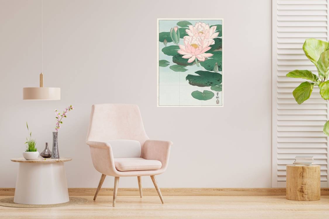 Tile Mural/Mosaic Ceramic Panel of Water Lily - Ohara Koson - Flower Mural- Japanese Mural - Floral Wall Art Print- Gloss Tiles -Tile Mosaic