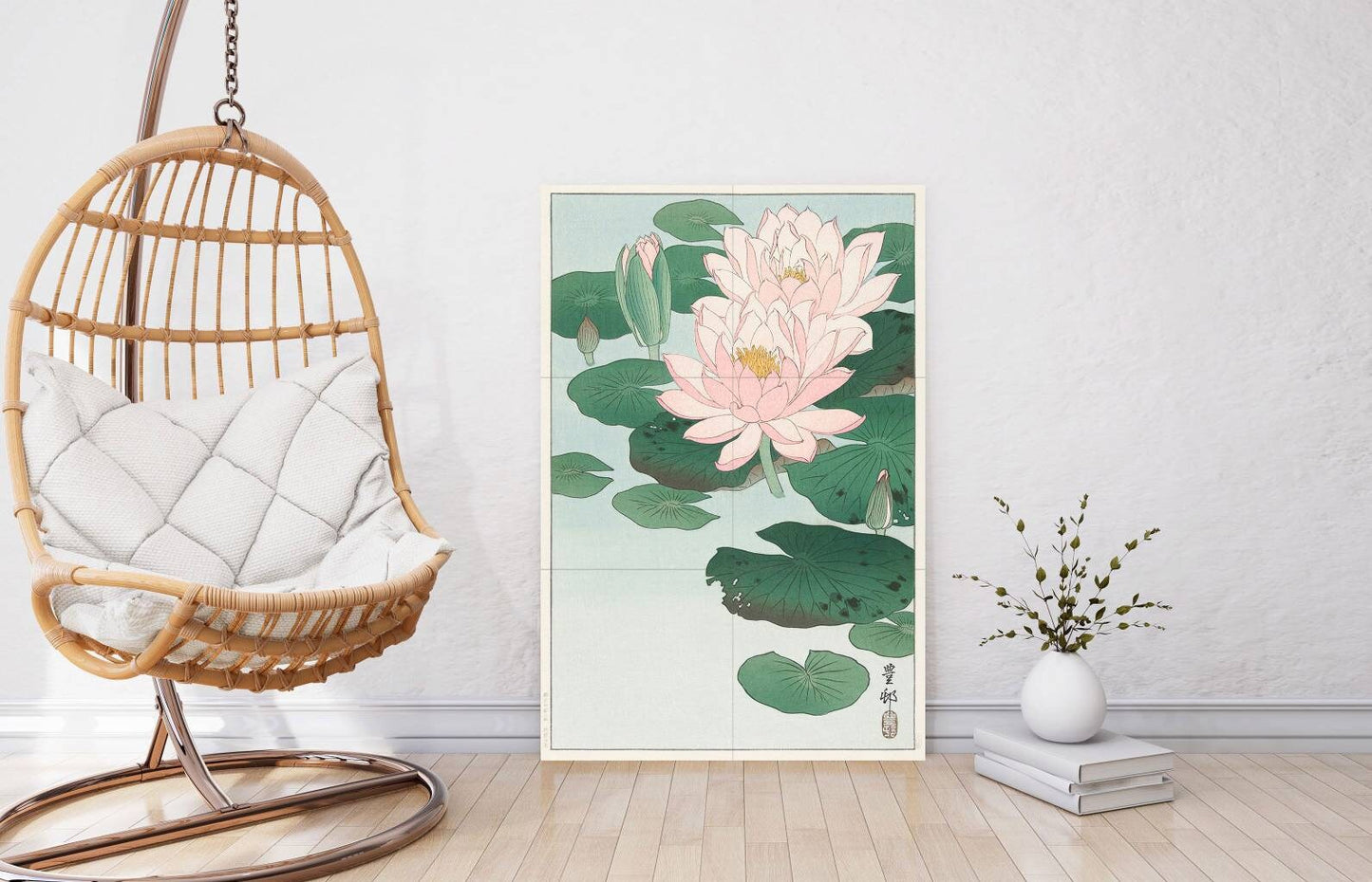 Tile Mural/Mosaic Ceramic Panel of Water Lily - Ohara Koson - Flower Mural- Japanese Mural - Floral Wall Art Print- Gloss Tiles -Tile Mosaic