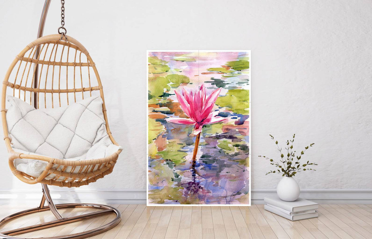 Tile Mural/Mosaic Ceramic of Lotus Flower Watercolor - Landscape Mural - Flower Wall Art - Floral Tile Mural - Gloss Tiles - Tile Mosaic