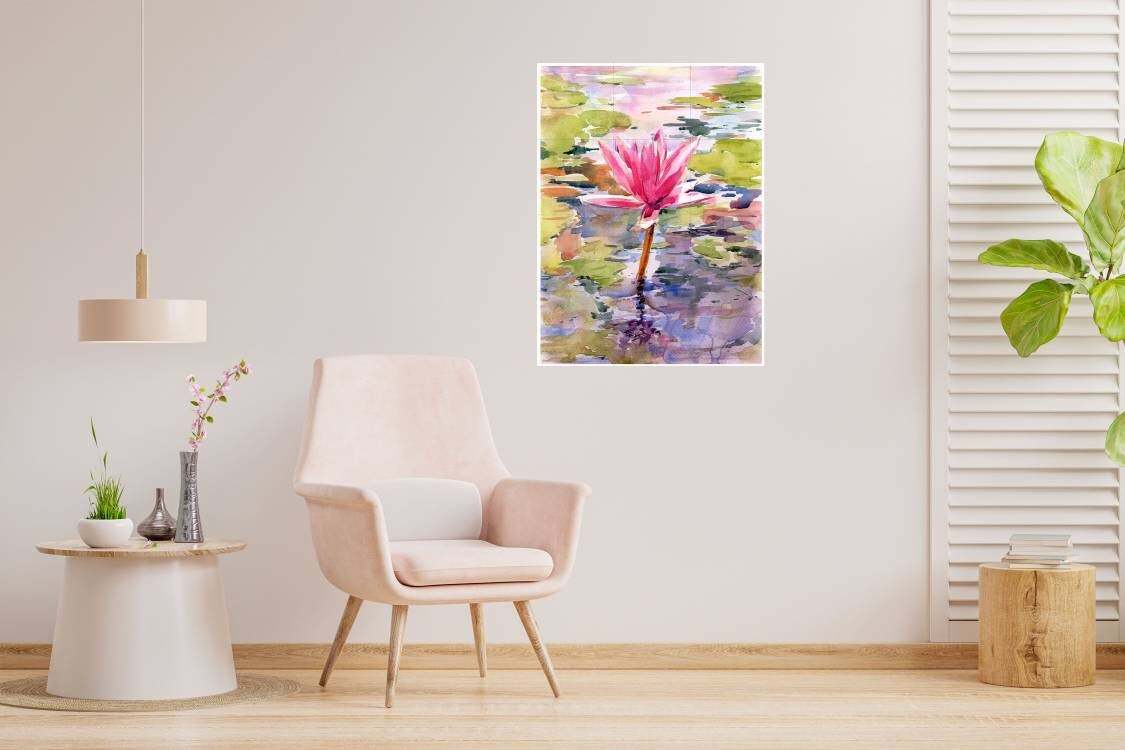 Tile Mural/Mosaic Ceramic of Lotus Flower Watercolor - Landscape Mural - Flower Wall Art - Floral Tile Mural - Gloss Tiles - Tile Mosaic