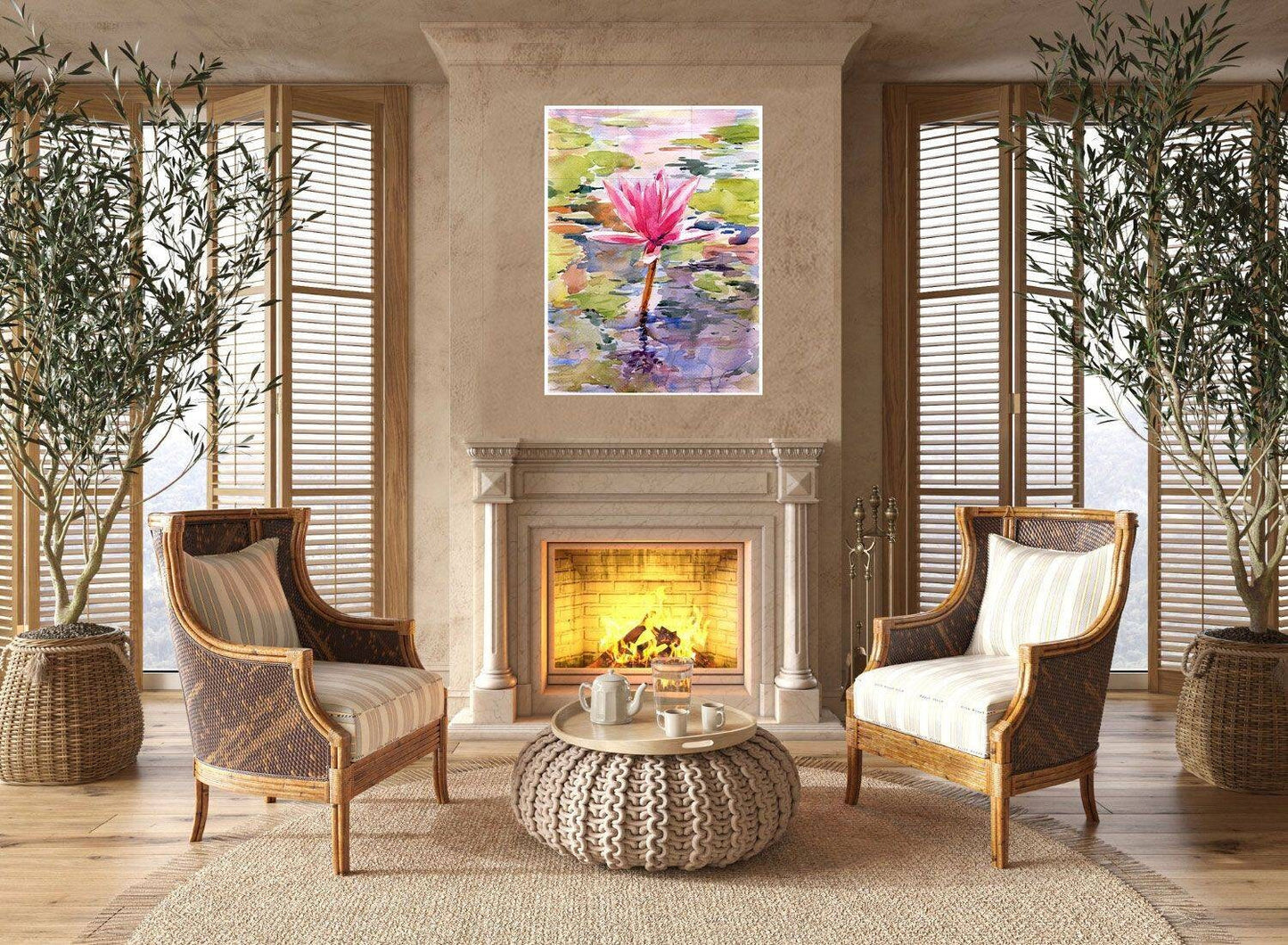 Tile Mural/Mosaic Ceramic of Lotus Flower Watercolor - Landscape Mural - Flower Wall Art - Floral Tile Mural - Gloss Tiles - Tile Mosaic