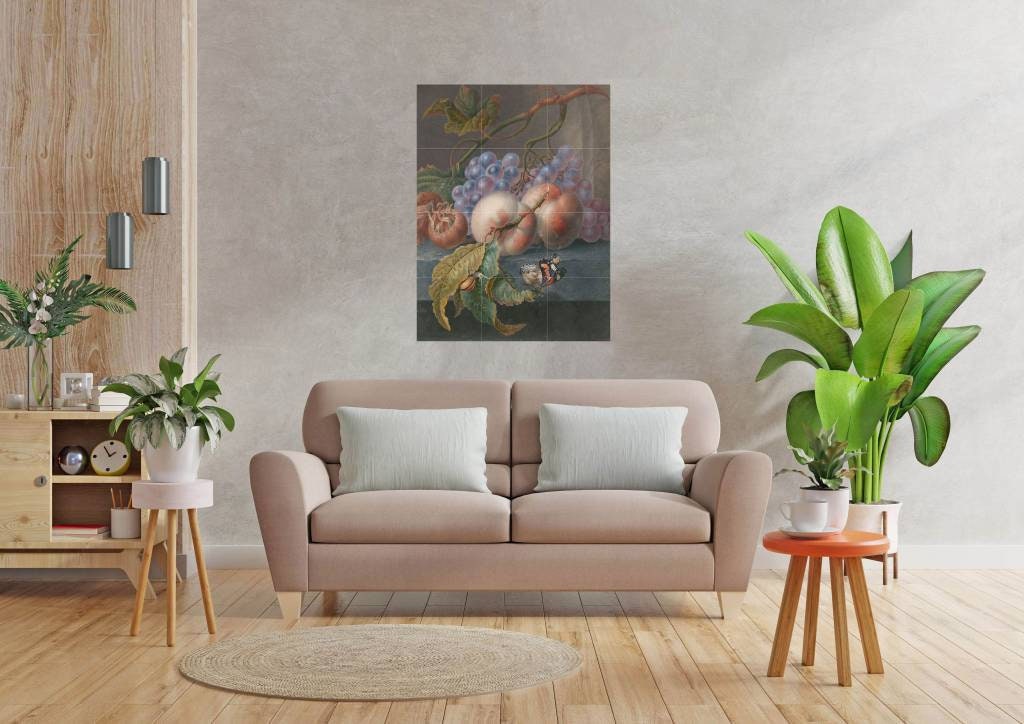 Tile Mural/Mosaic Ceramic of Fruits with Butterfly and Snail - Herman Henstenburgh Print - Fruit Tile Mural -Gloss Tiles -Kitchen backsplash