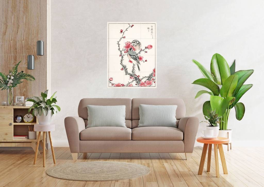 Tile Mural/Mosaic Ceramic Panel of Numata Kashu Pine Bunting and Plum Tree -Japanese Mural -Mumata Kashu print -Japanese Print -Tile Mosaic