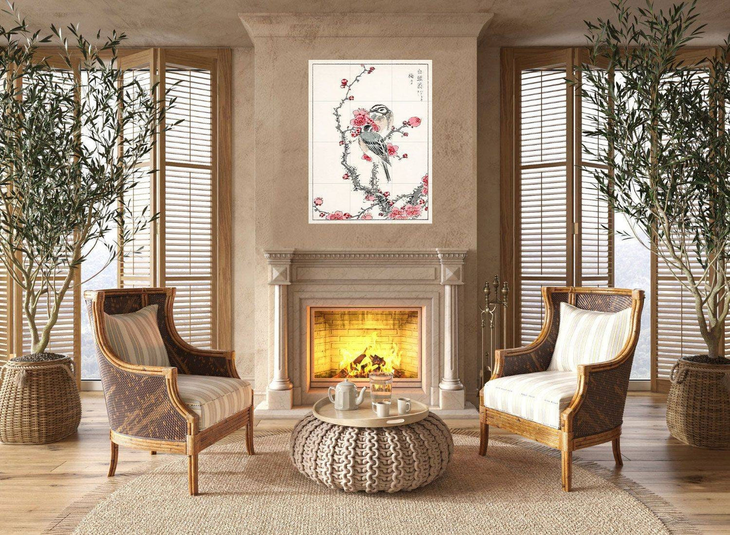 Tile Mural/Mosaic Ceramic Panel of Numata Kashu Pine Bunting and Plum Tree -Japanese Mural -Mumata Kashu print -Japanese Print -Tile Mosaic