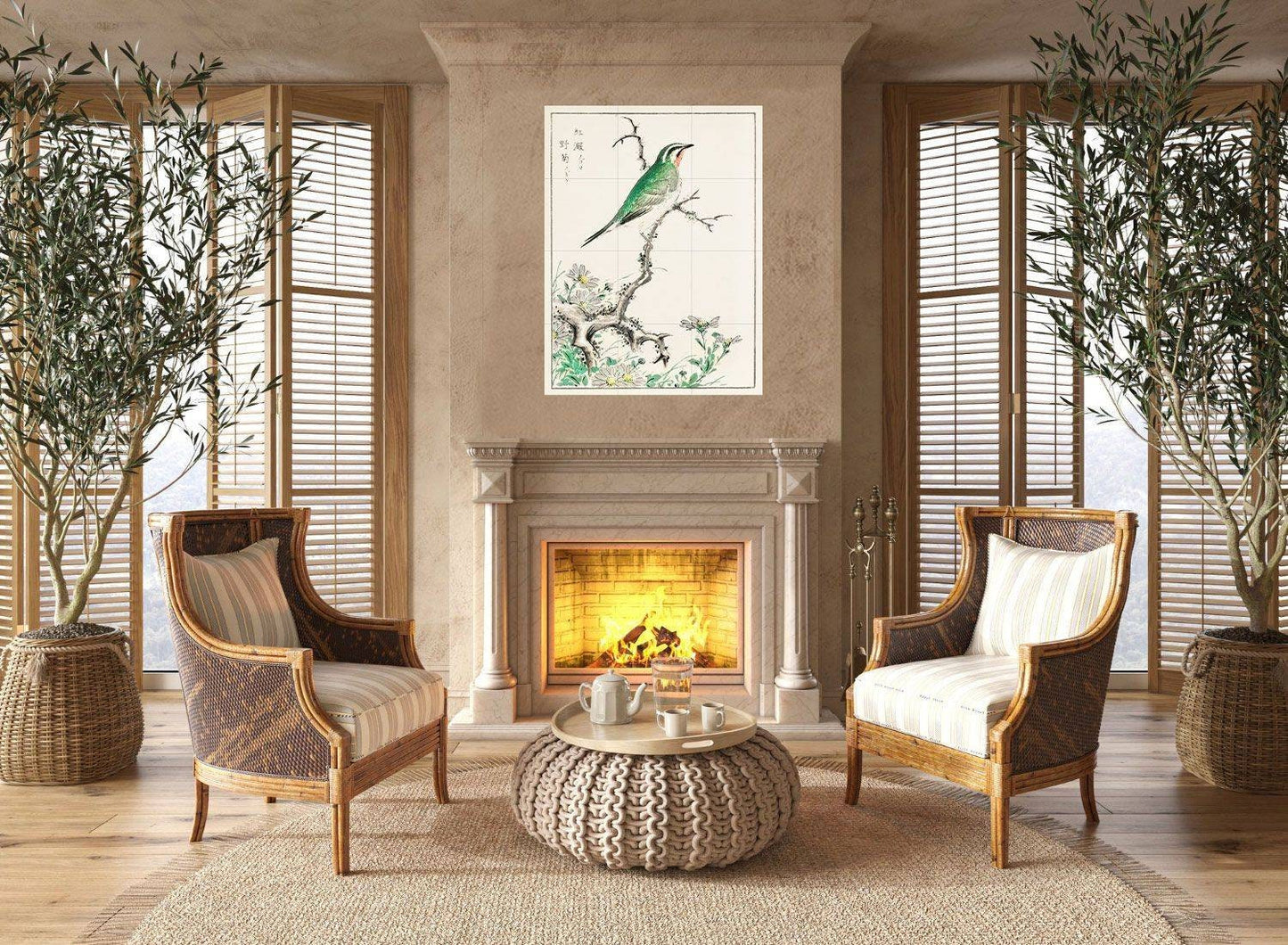 Tile Mural/Mosaic Ceramic Panel of Numata Kashu Ruby Throat and Wild Camomile -Japanese Print -Ruby bird Print -Gloss Tiles Bird Tile Mosaic