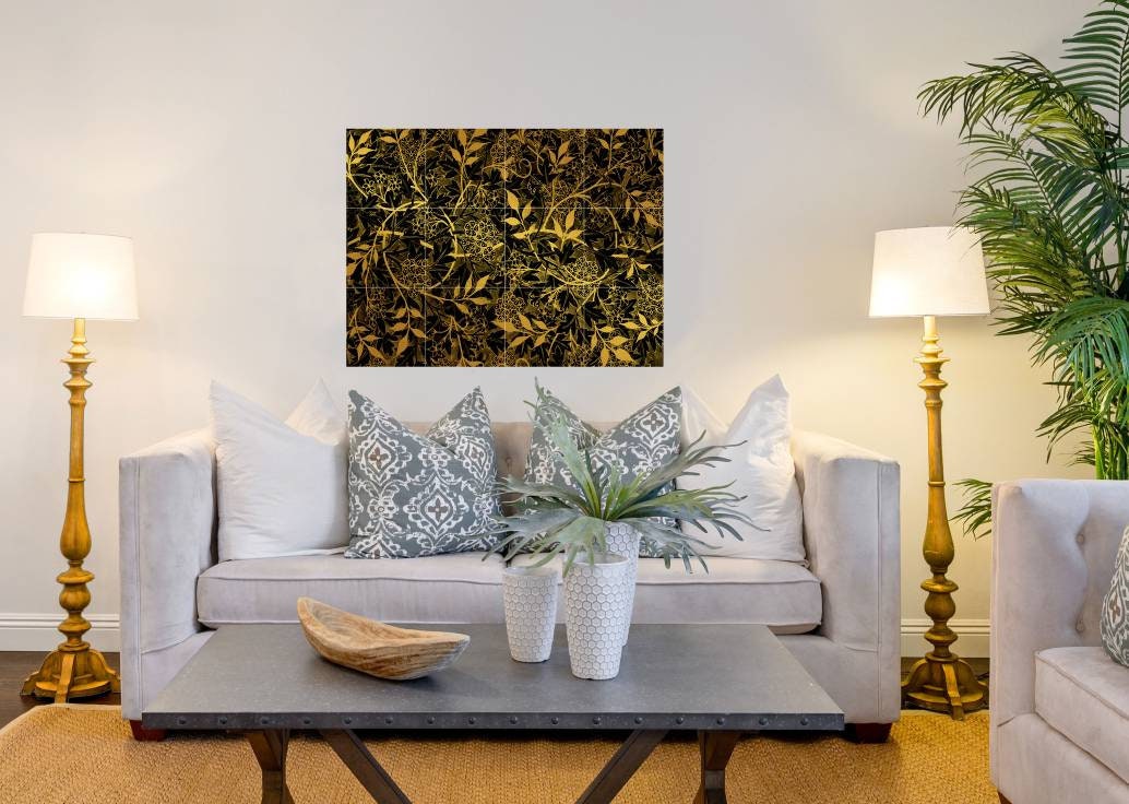 Tile Mural/Mosaic Ceramic Panel of Luxury Golden Floral Leaves Art William Morris - Flower Home Decor- William Morris print -Tile Mural