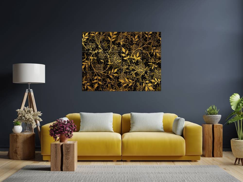 Tile Mural/Mosaic Ceramic Panel of Luxury Golden Floral Leaves Art William Morris - Flower Home Decor- William Morris print -Tile Mural