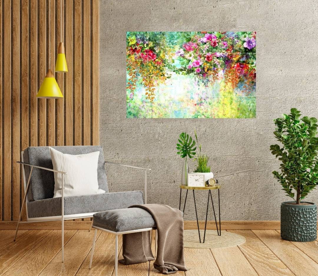 Tile Mural/Mosaic Ceramic of Flowers Watercolour Painting - Garden Mural - Flower Wall Art - Floral Tile Mural -Gloss Tiles - Tile Mosaic
