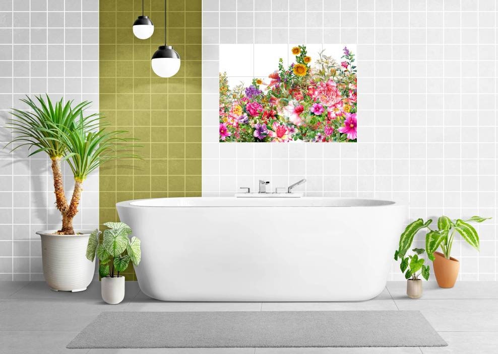 Tile Mural/Mosaic Ceramic of Flowers Watercolour Painting - Landscape Mural - Flower Wall Art - Floral Tile Mural -Gloss Tiles - Tile Mosaic