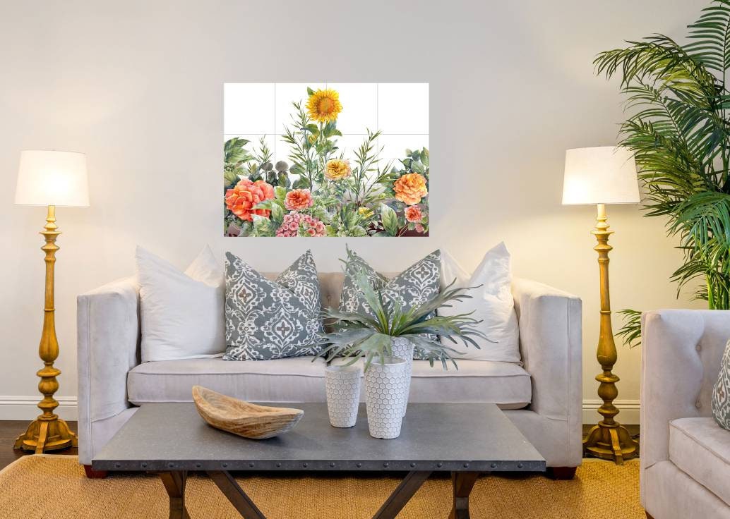 Tile Mural/Mosaic Ceramic of Flowers Watercolour Painting - Sunflower Mural - Flower Wall Art - Floral Tile Mural -Gloss Tiles - Tile Mosaic