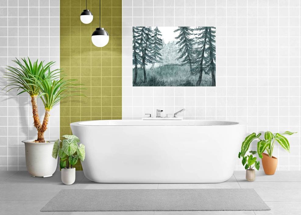 Tile Mural/Mosaic Ceramic Panel of a Watercolour Forest Mural - Wall Nature Art - Misty Woodland Wall Mural - Gloss Tiles -Tile Mosaic