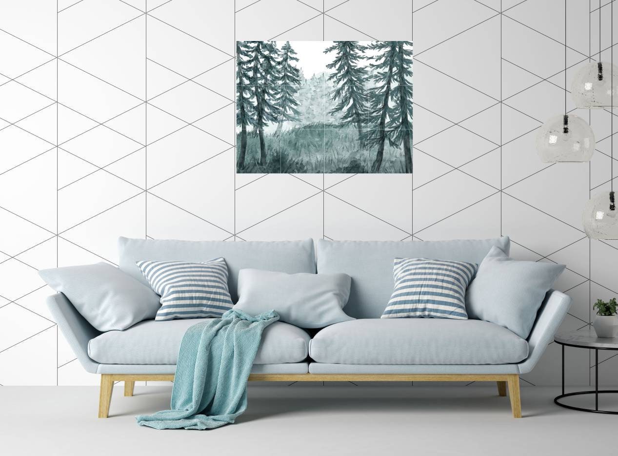 Tile Mural/Mosaic Ceramic Panel of a Watercolour Forest Mural - Wall Nature Art - Misty Woodland Wall Mural - Gloss Tiles -Tile Mosaic