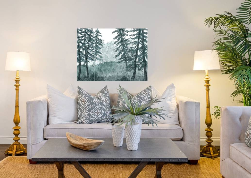 Tile Mural/Mosaic Ceramic Panel of a Watercolour Forest Mural - Wall Nature Art - Misty Woodland Wall Mural - Gloss Tiles -Tile Mosaic