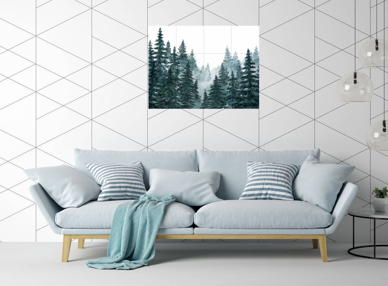Tile Mural/Mosaic Ceramic Panel of a Watercolour Forest Mural - Wall Nature Art - Misty Woodland Wall Mural - Gloss Tiles -Tile Mosaic