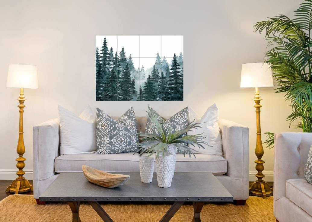 Tile Mural/Mosaic Ceramic Panel of a Watercolour Forest Mural - Wall Nature Art - Misty Woodland Wall Mural - Gloss Tiles -Tile Mosaic