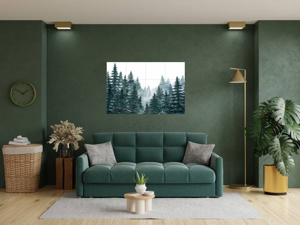 Tile Mural/Mosaic Ceramic Panel of a Watercolour Forest Mural - Wall Nature Art - Misty Woodland Wall Mural - Gloss Tiles -Tile Mosaic