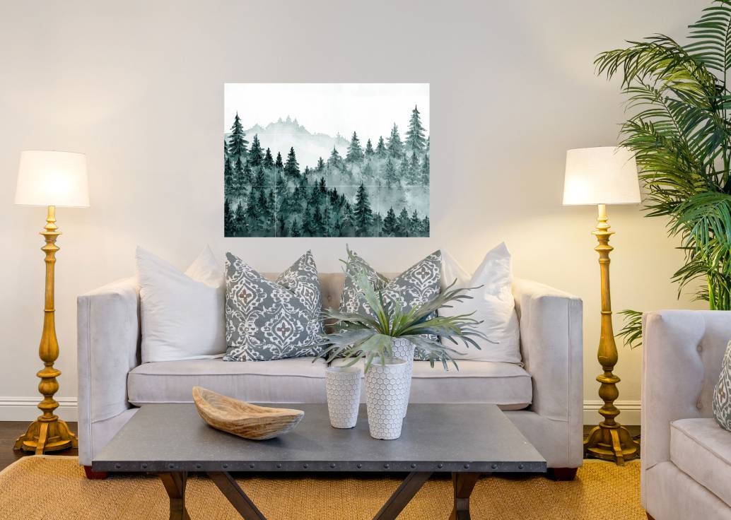 Tile Mural/Mosaic Ceramic Panel of a Watercolour Forest Mural - Wall Nature Art - Misty Woodland Wall Mural - Gloss Tiles -Tile Mosaic