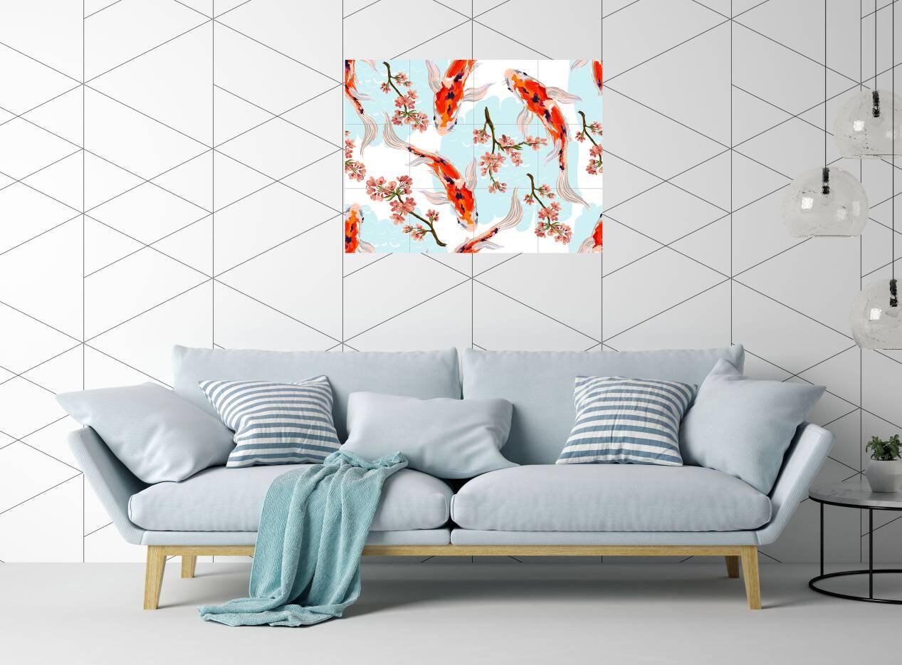 Tile Mural/Mosaic Ceramic Panel of a Japanese Koi Fish Pond Japan Painting - Wall Nature Art - Fish Tile Mural - Gloss Tiles - Tile Mosaic