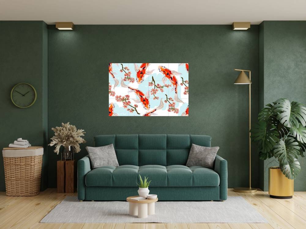 Tile Mural/Mosaic Ceramic Panel of a Japanese Koi Fish Pond Japan Painting - Wall Nature Art - Fish Tile Mural - Gloss Tiles - Tile Mosaic
