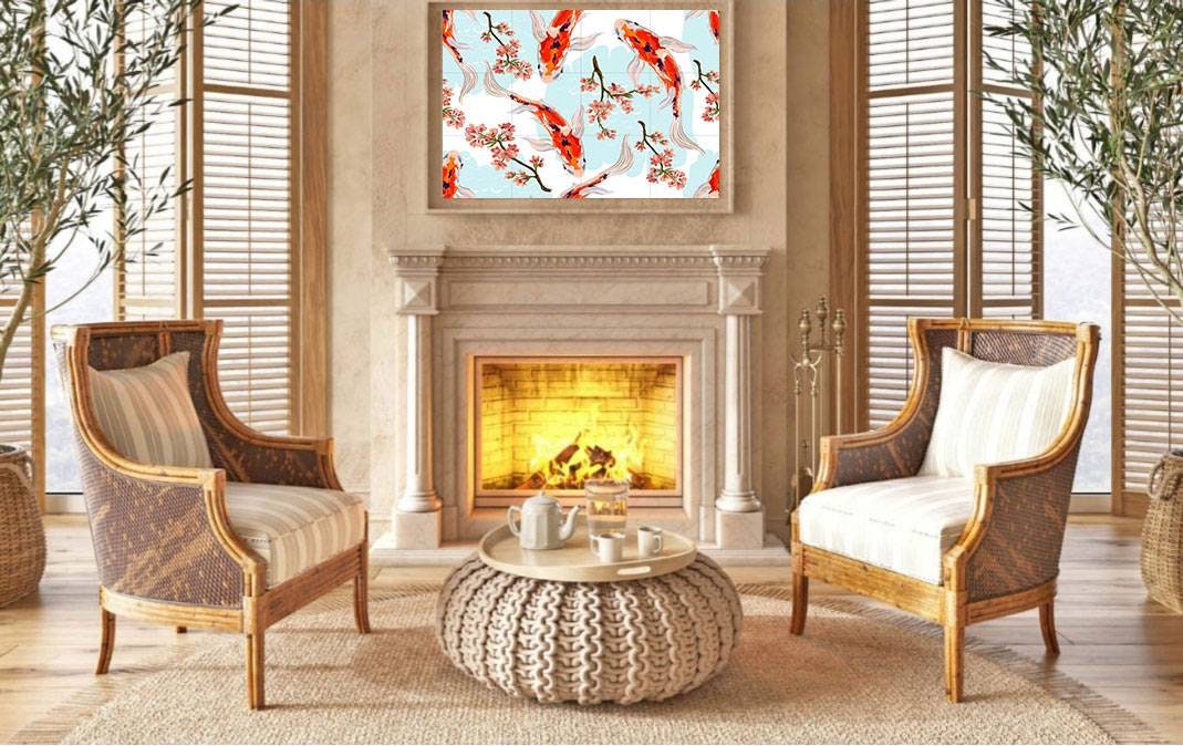 Tile Mural/Mosaic Ceramic Panel of a Japanese Koi Fish Pond Japan Painting - Wall Nature Art - Fish Tile Mural - Gloss Tiles - Tile Mosaic