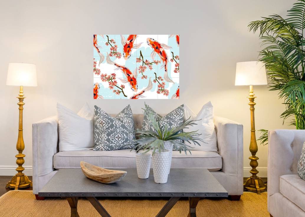 Tile Mural/Mosaic Ceramic Panel of a Japanese Koi Fish Pond Japan Painting - Wall Nature Art - Fish Tile Mural - Gloss Tiles - Tile Mosaic