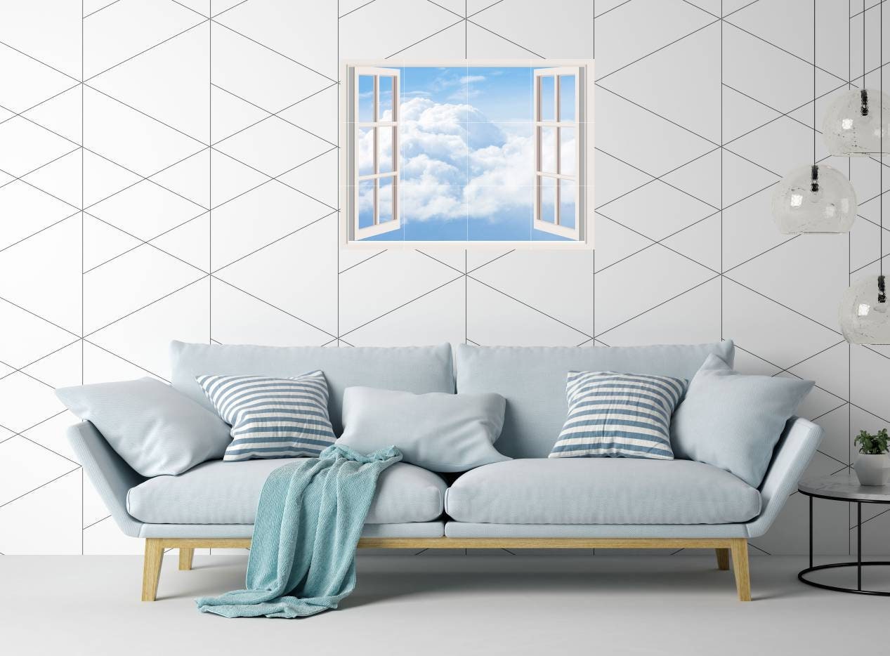 Tile Mural/Mosaic Ceramic of Window View Blue Sky - Window Mural - Sky Wall Art - Nature Tile Mural - Gloss Tiles - Window Tile Mosaic