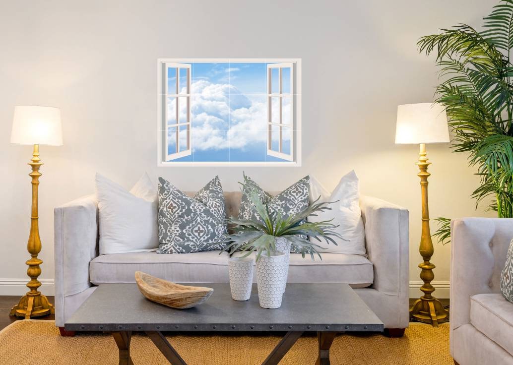 Tile Mural/Mosaic Ceramic of Window View Blue Sky - Window Mural - Sky Wall Art - Nature Tile Mural - Gloss Tiles - Window Tile Mosaic