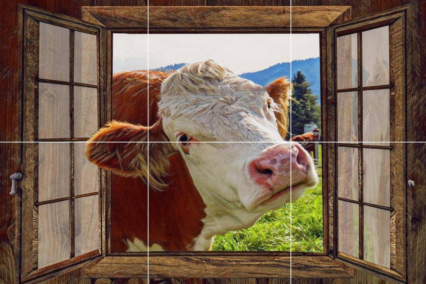 Tile Mural/Mosaic Ceramic Panel of Cow in a Window - Countryside Mural - Wall Nature Art - Tile Mural - Gloss Tiles - Cow Tile Mosaic