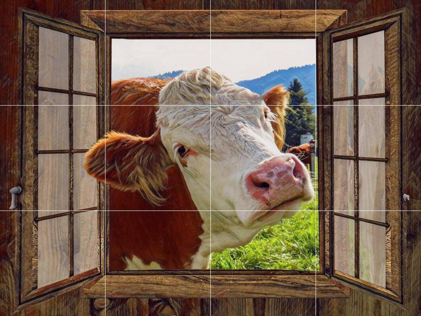 Tile Mural/Mosaic Ceramic Panel of Cow in a Window - Countryside Mural - Wall Nature Art - Tile Mural - Gloss Tiles - Cow Tile Mosaic