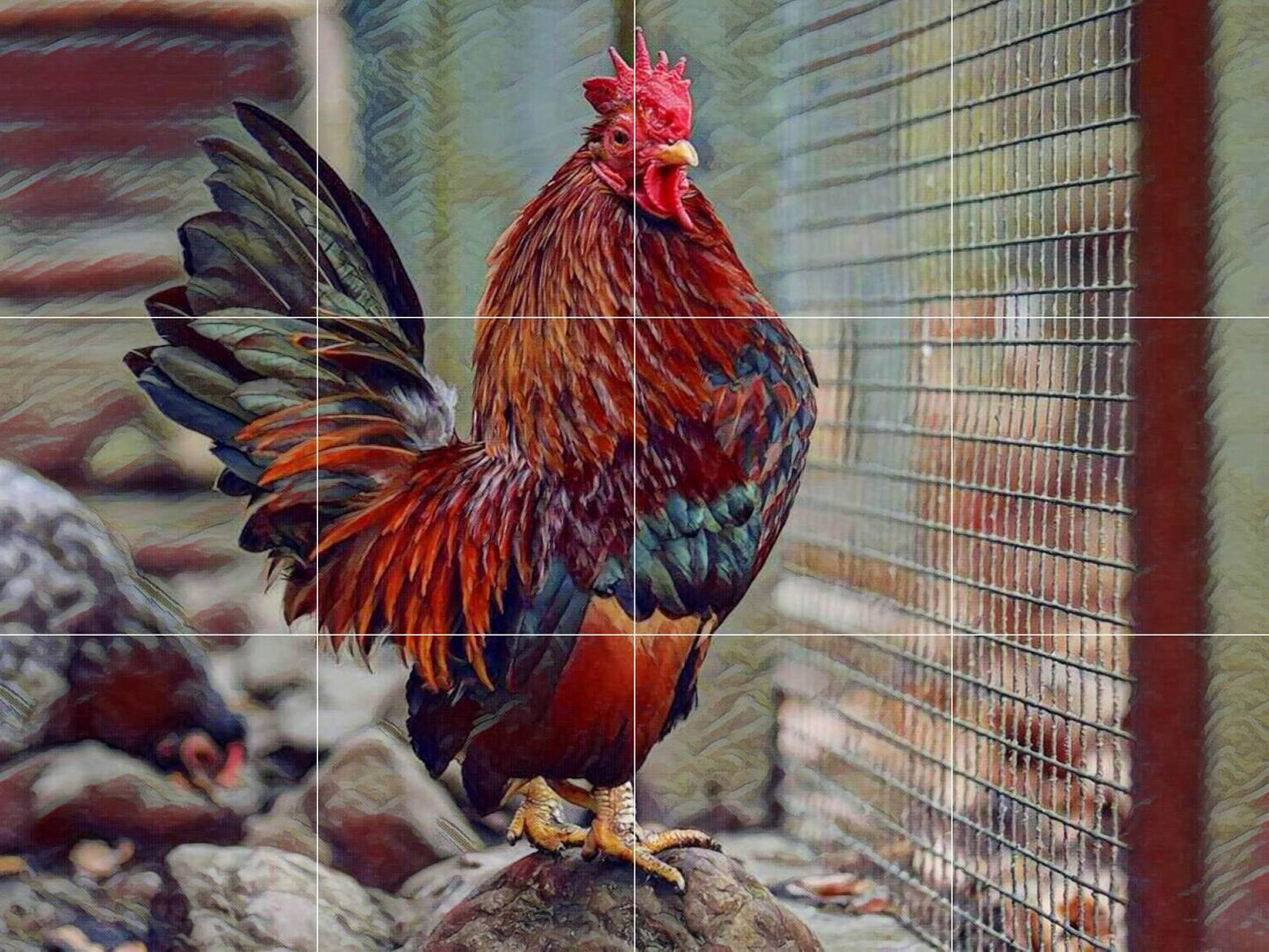 Tile Mural/Mosaic Ceramic Panel of a Rooster-Countryside Mural - Rooster print -Rooster Mural -Tile Mural - Gloss Tiles -Chicken Tile Mosaic