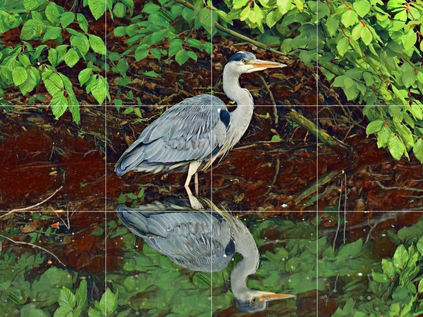 Tile Mural/Mosaic Ceramic Panel of a Blue Heron Crane Bird - Colourful Pond Wall Nature Art - Tile Mural - Gloss Tiles - Birds Tile Mosaic
