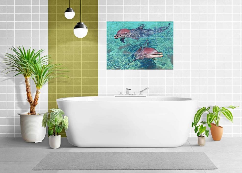 Tile Mural/Mosaic Ceramic Panel of Dolphins - Underwater World Wall Art - Tile Mural Art Print - Tropical Home Decor - Dolphin Tile Mosaic