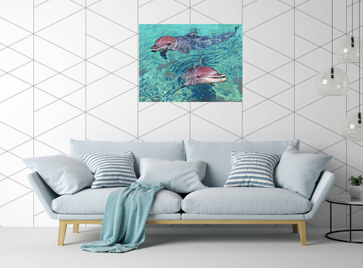 Tile Mural/Mosaic Ceramic Panel of Dolphins - Underwater World Wall Art - Tile Mural Art Print - Tropical Home Decor - Dolphin Tile Mosaic