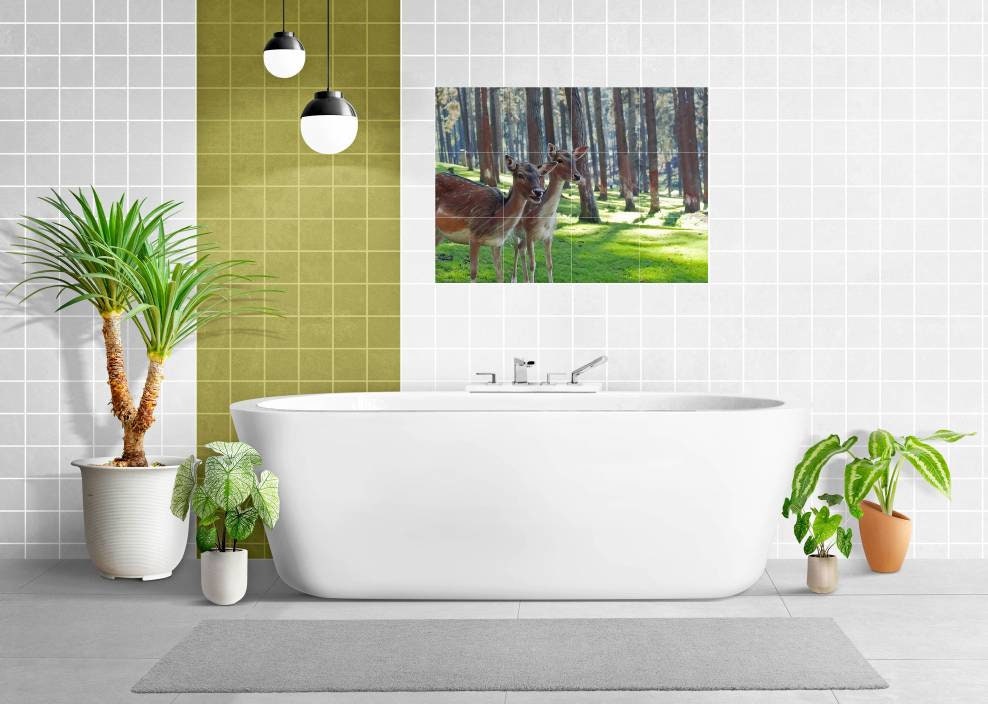 Tile Mural/Mosaic Ceramic Panel of Deers in The Woods - Deer Art Print - Tile Mural Art - Gloss Tiles - Nature Wall Tile Mosaic - Deer Mural