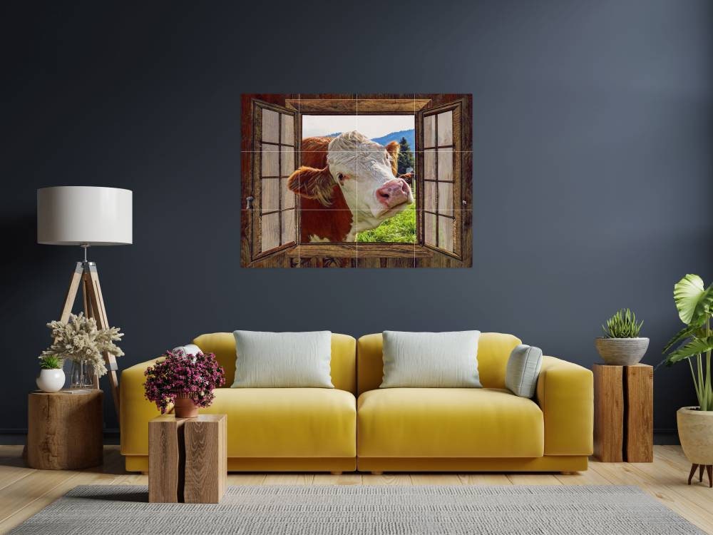 Tile Mural/Mosaic Ceramic Panel of Cow in a Window - Countryside Mural - Wall Nature Art - Tile Mural - Gloss Tiles - Cow Tile Mosaic