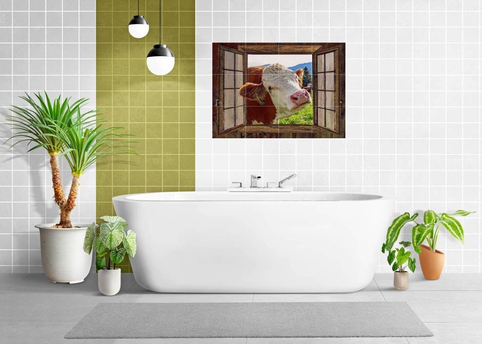 Tile Mural/Mosaic Ceramic Panel of Cow in a Window - Countryside Mural - Wall Nature Art - Tile Mural - Gloss Tiles - Cow Tile Mosaic