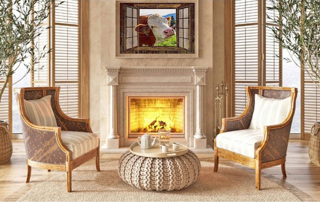 Tile Mural/Mosaic Ceramic Panel of Cow in a Window - Countryside Mural - Wall Nature Art - Tile Mural - Gloss Tiles - Cow Tile Mosaic